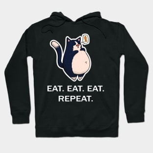 Black and White Fat Cat - Eat Eat Eat Repeat - White Font Hoodie